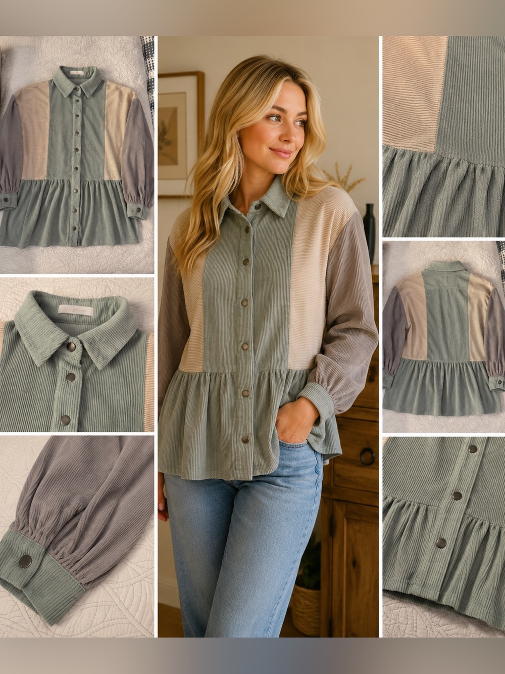 Ces Femme Colorblock Corduroy Peplum Button Front Blouse